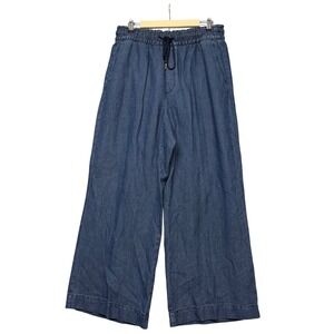 Womens L Pull On Pants Blue Cotton Linen Wide Leg Drawstring Boho Denim Chambray